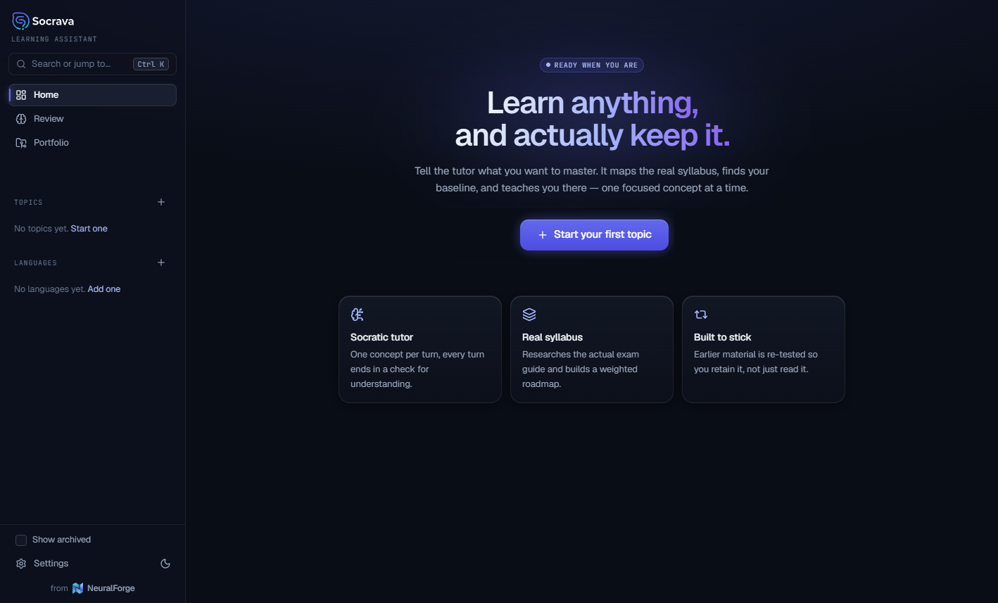 The Socrava AI desktop app on first run: a navigation sidebar, and a main panel reading 'Learn anything, and actually keep it' above the Socratic tutor, Real syllabus and Built to stick cards.